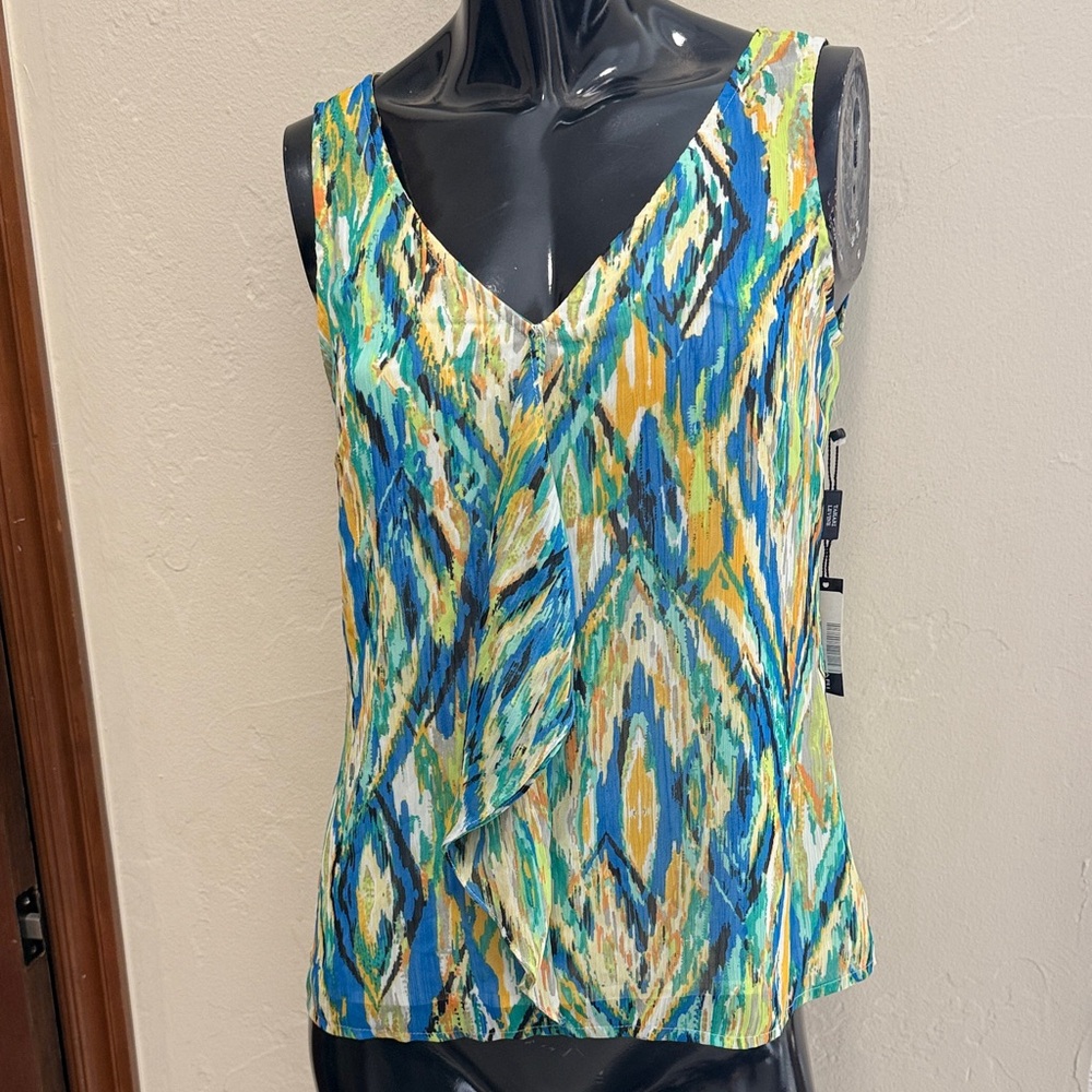 Tahari Blue and Yellow Patterned Sleeveless Blouse